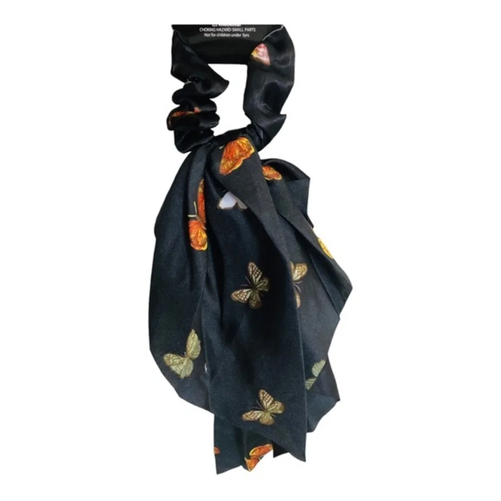 4 Butterfly print satin‎ look black, pink, blue ivory hair scrunchie scarves new
